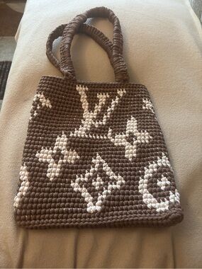 Handmade Crochet Tote brown with Cream Accents